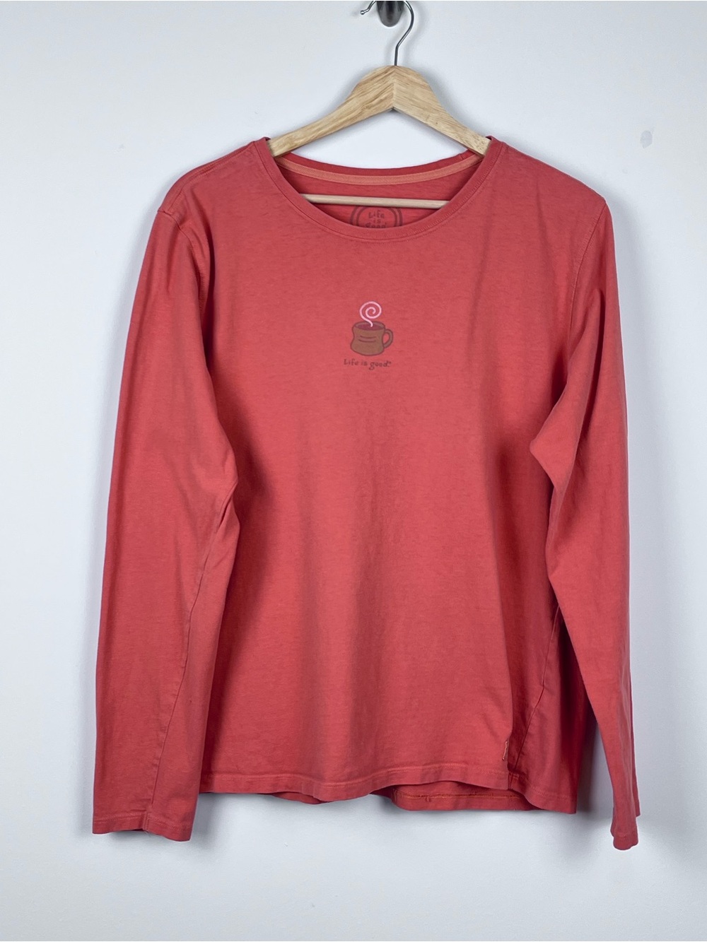 Life Is Good Women's 100% Cotton Long Sleeve Tee with Coffee Mug Graphic Size L